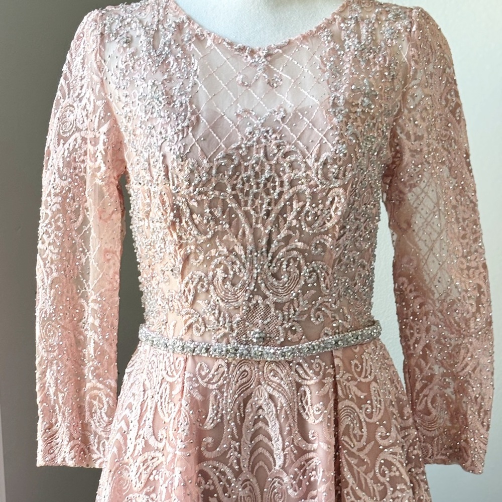 Blush Pink Long Sleeve Embellished Modest Evening Gown